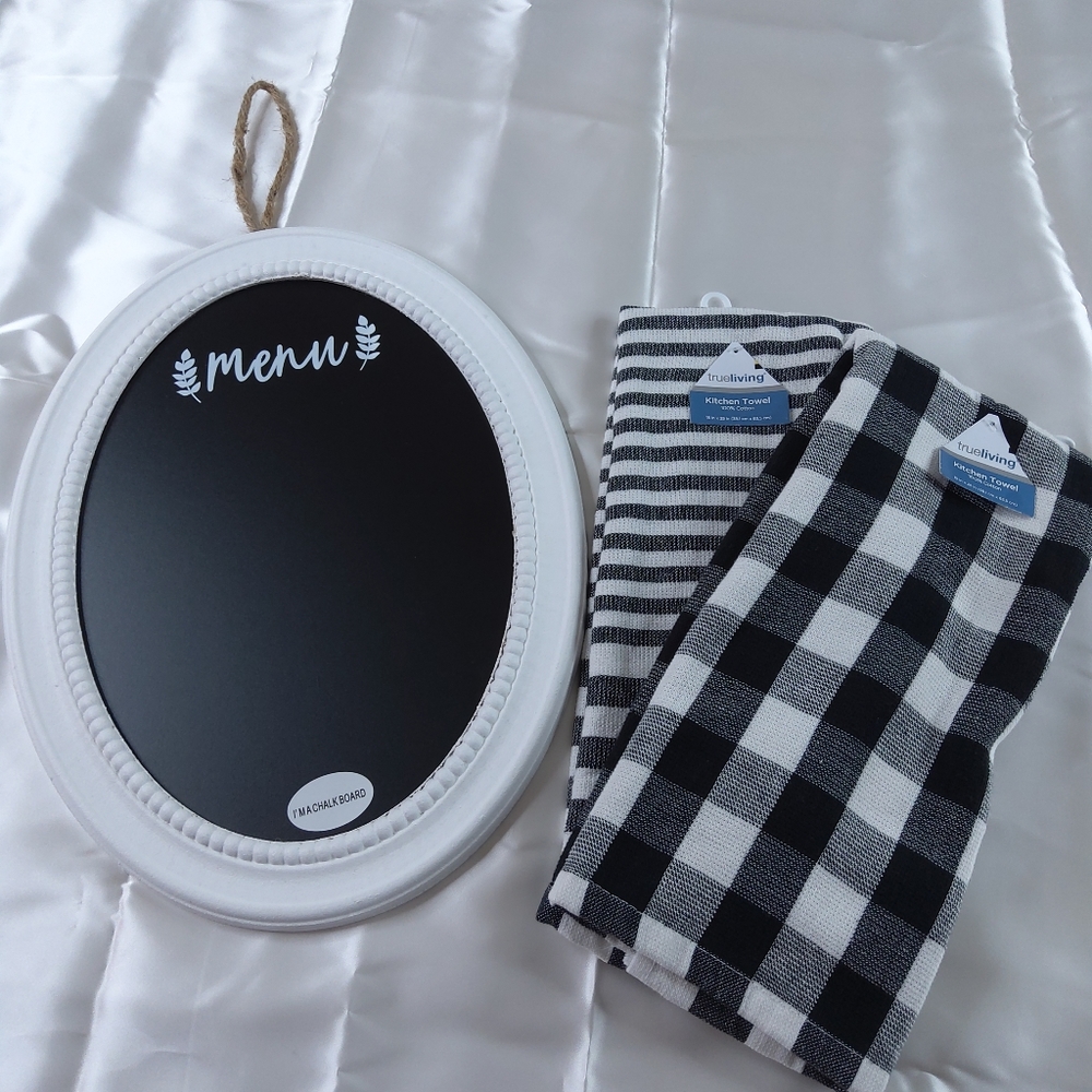 Oval Shape Kitchen Menu Chalk Board Large 20.5" With Gingham Kitchen Towels New